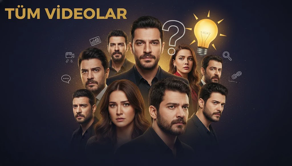 Tüm videolar kapağı: kalabalık bir oyuncu kadrosu, üstünde soru işareti ve ampul